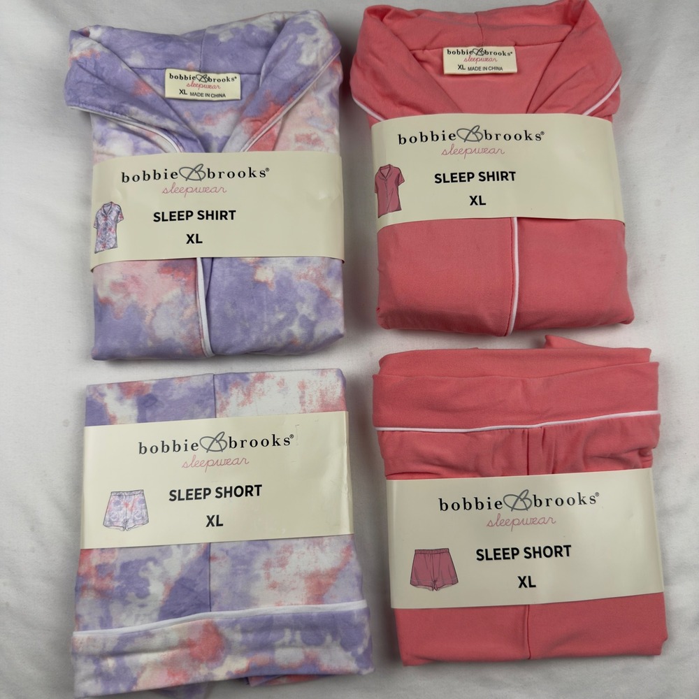 Womens XL Pajama Set Lot of 2 Sleep Shirts Shorts Tie Dye Coral Pink NEW